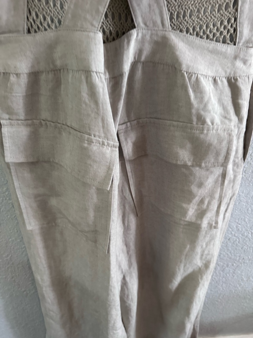 Nanette Lepore Linen Wide Leg Jumpsuit Crochet Bib Suspender Pants Neutral Boho - Picture 10 of 12